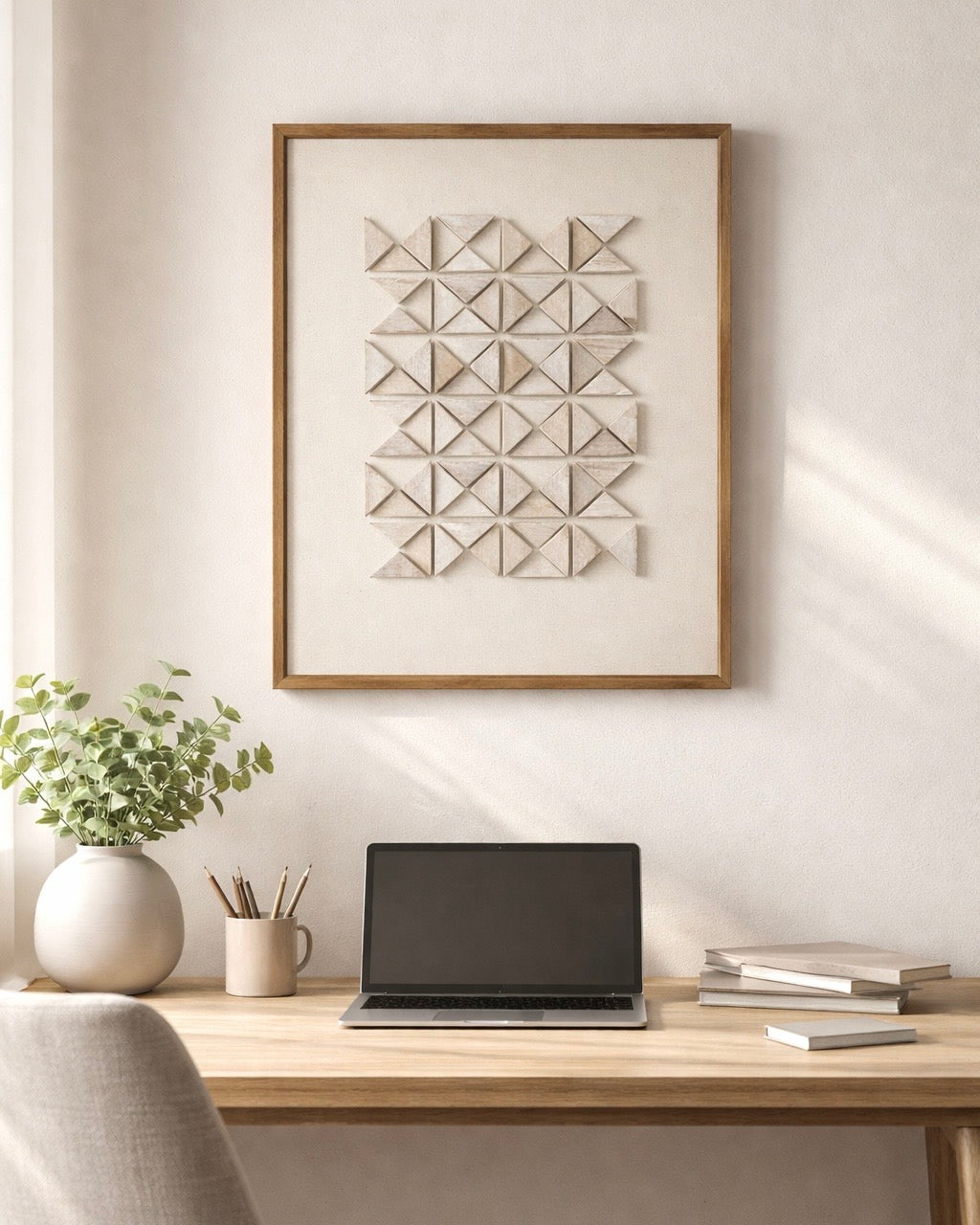 תמונה דקורטיבית דגם משולשי עץ צבע לבן